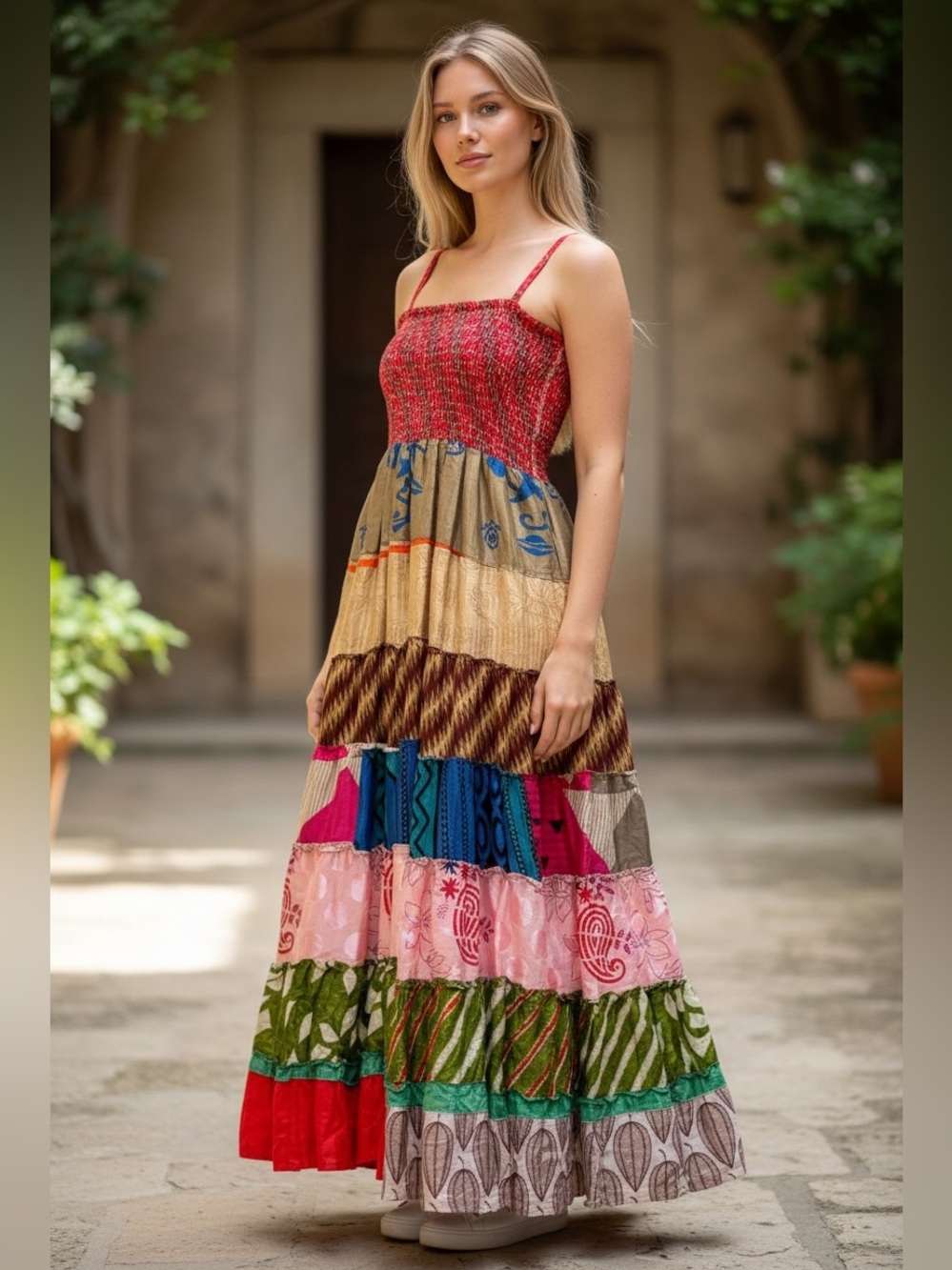 Bohemian Tiered Maxi Dress with Mixed Patchwork — Red Multi